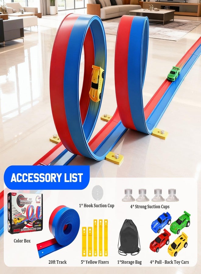 HTPREC 20ft Flexible Race Track for Kids with 4 Pull-Back Cars & Portable Storage Bag,4pcs Strong Suction Cups,5pcs Track Stabilizers,for 1/64 Cars,Roll Up Slot Car Race Track with Loops - Image 5
